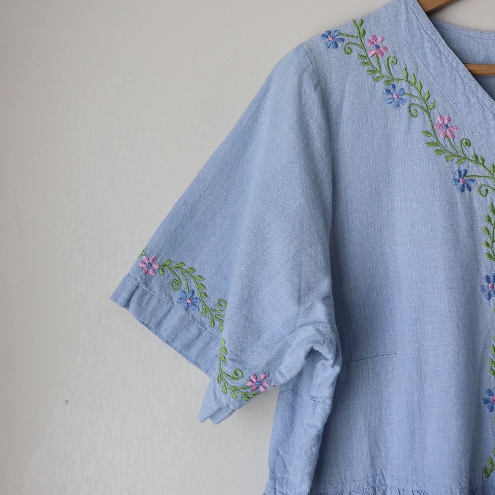 Vintage 90's Y2K Embroidered Cotton Chambray Denim Cottagecore Button Maxi Dress - Picture 3 of 9